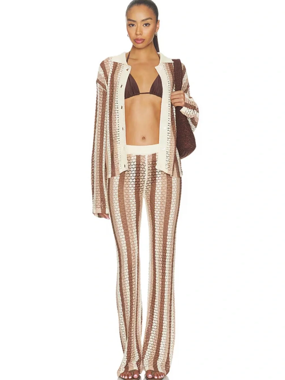 superdown Brown & Cream Crochet Stripe Cover-Up Set